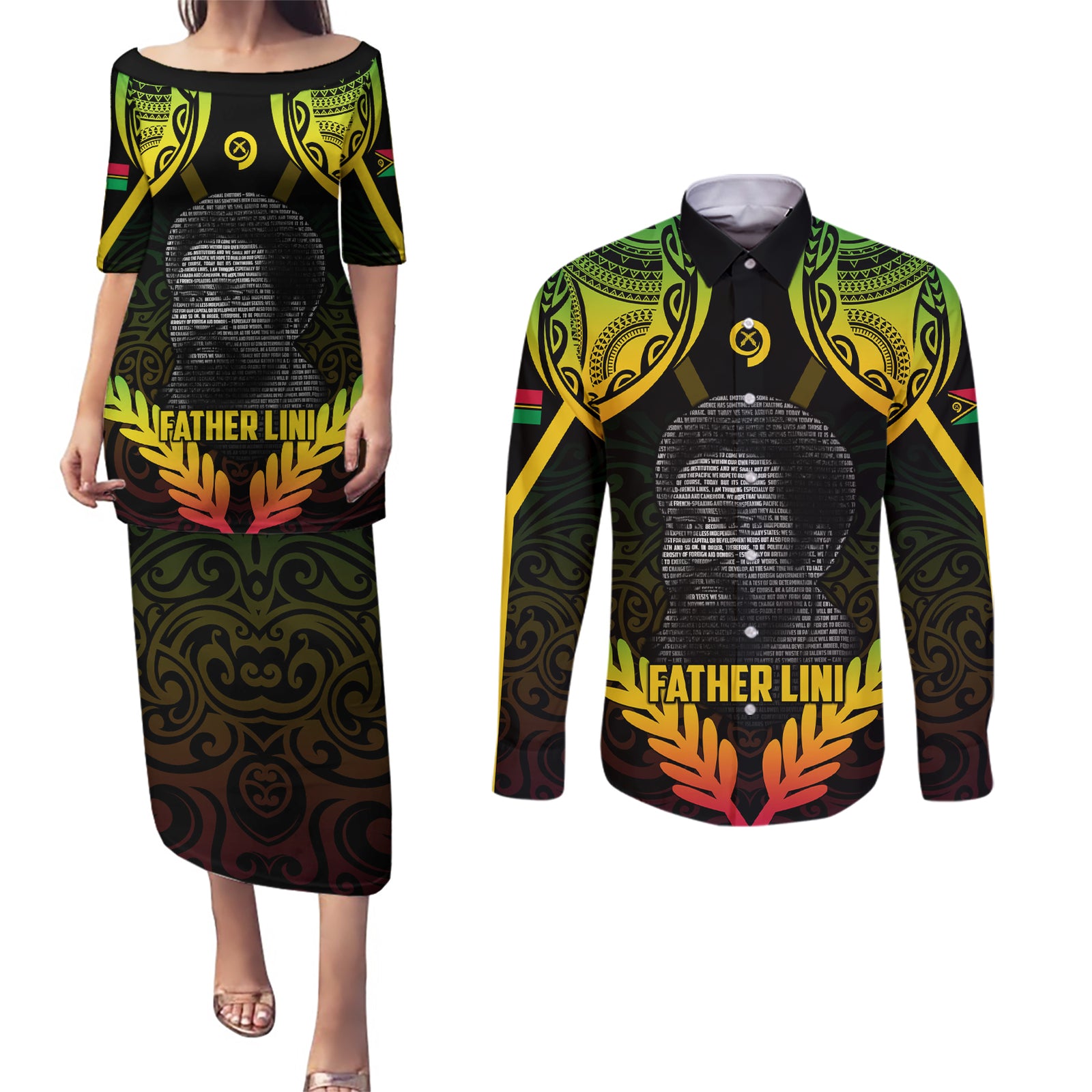 Personalised Vanuatu Father Lini Day Couples Matching Puletasi and Long Sleeve Button Shirt Polynesian Tribal Pattern LT05 Black - Polynesian Pride