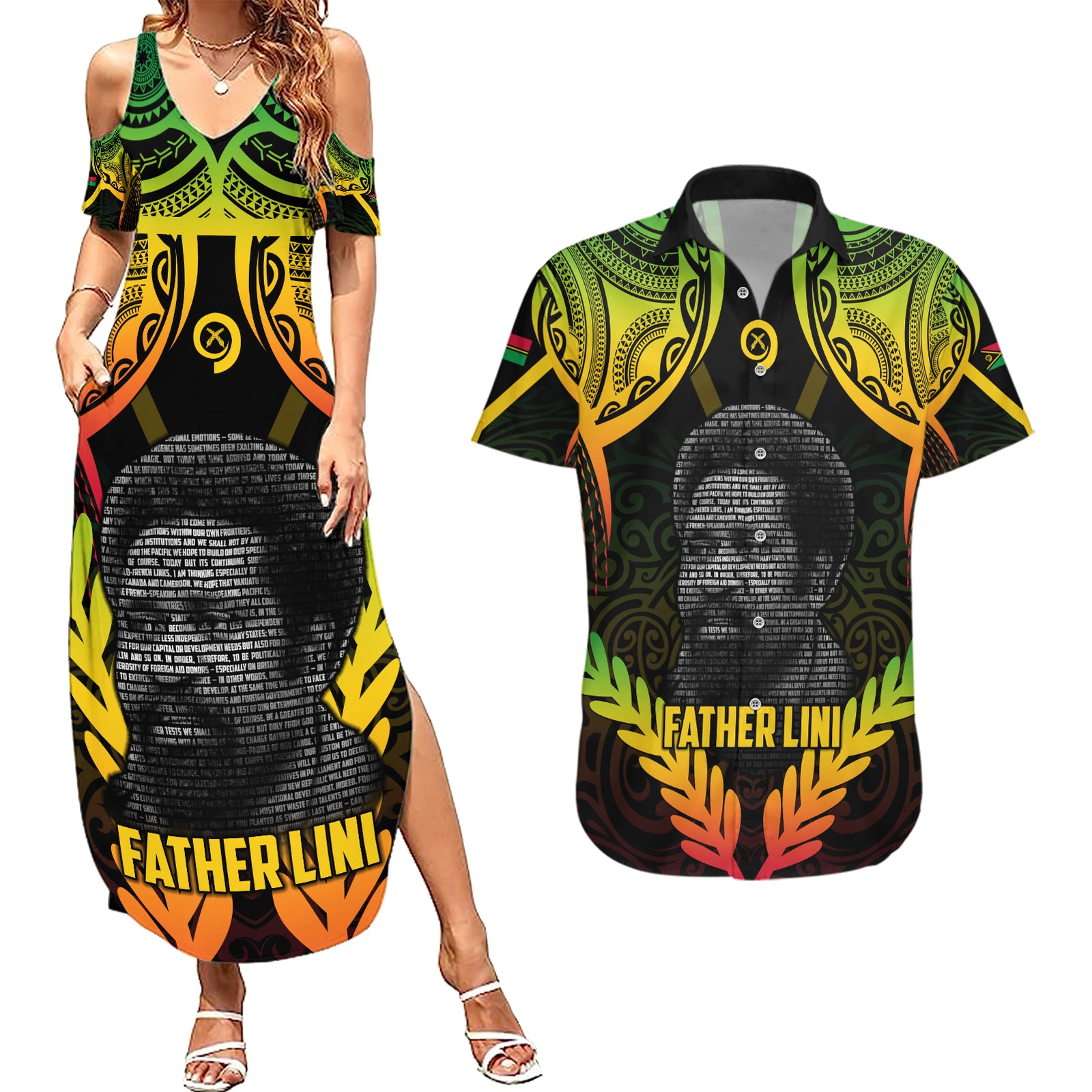 Personalised Vanuatu Father Lini Day Couples Matching Summer Maxi Dress and Hawaiian Shirt Polynesian Tribal Pattern LT05 Black - Polynesian Pride