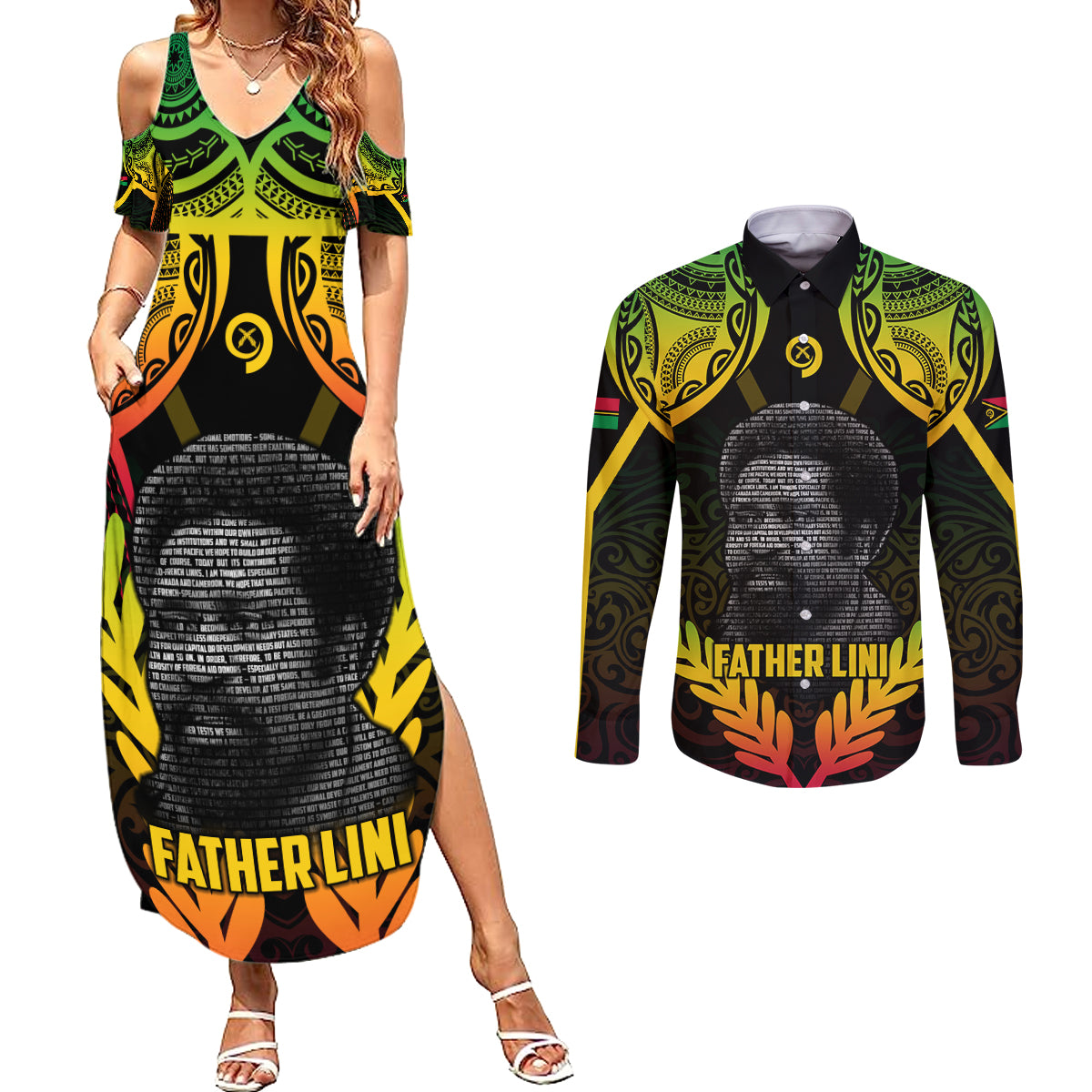 Personalised Vanuatu Father Lini Day Couples Matching Summer Maxi Dress and Long Sleeve Button Shirt Polynesian Tribal Pattern LT05 Black - Polynesian Pride