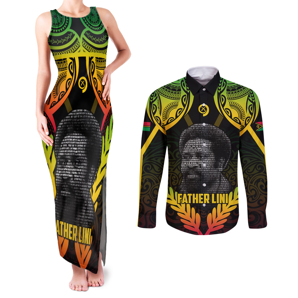 Personalised Vanuatu Father Lini Day Couples Matching Tank Maxi Dress and Long Sleeve Button Shirt Polynesian Tribal Pattern LT05 Black - Polynesian Pride