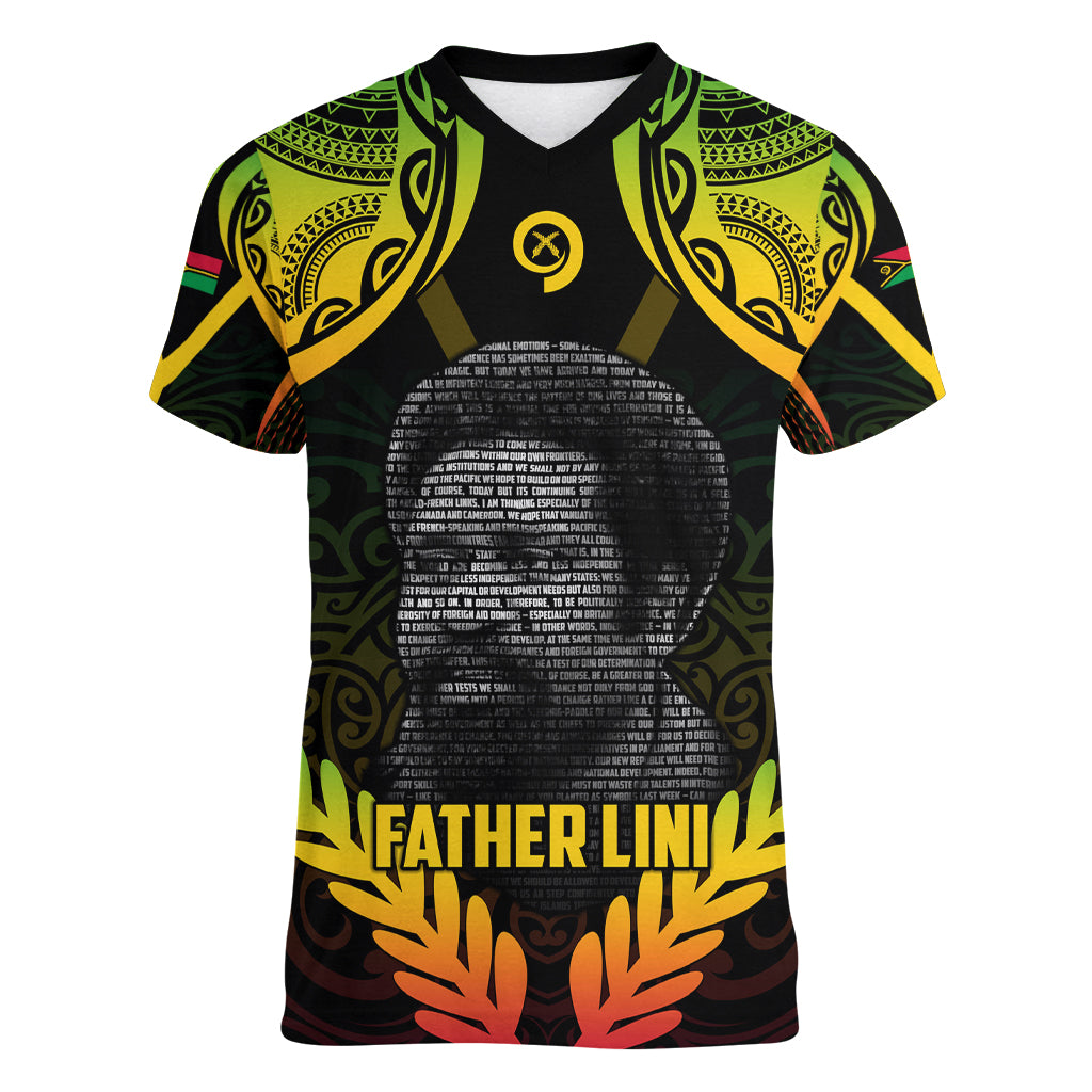 Personalised Vanuatu Father Lini Day Women V Neck T Shirt Polynesian Tribal Pattern LT05 Female Black - Polynesian Pride