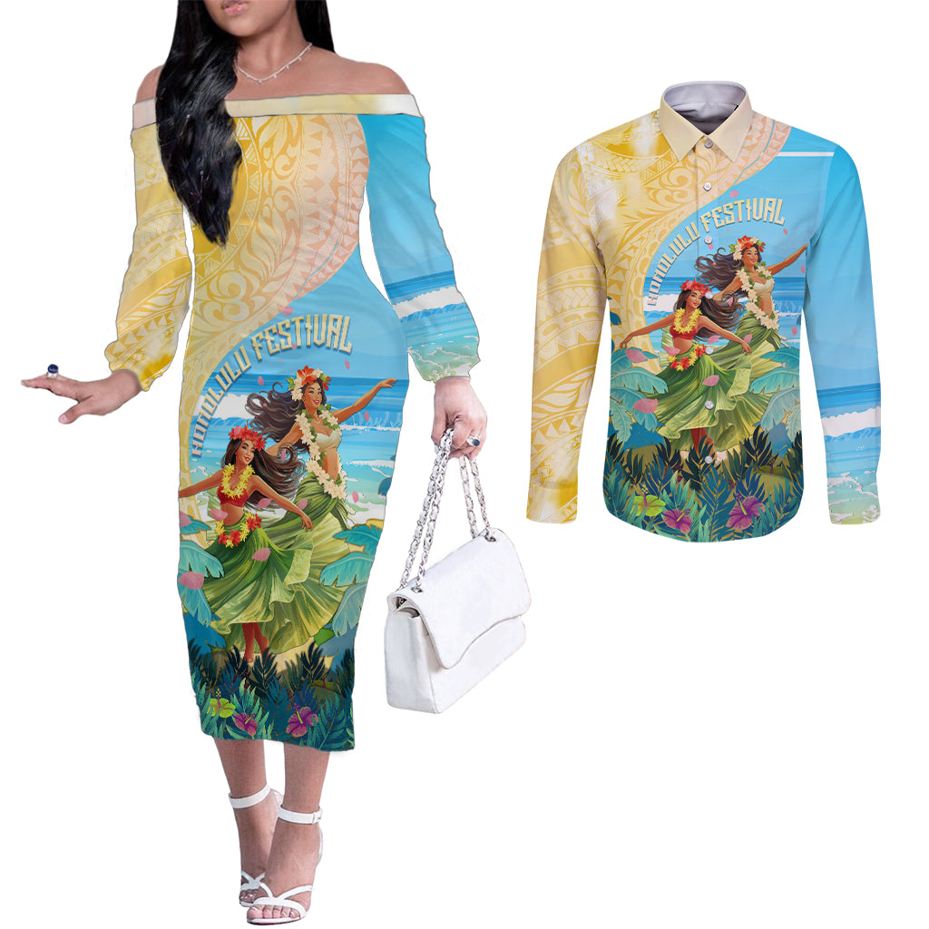 Personalised Hawaii Honolulu Festival Couples Matching Off The Shoulder Long Sleeve Dress and Long Sleeve Button Shirt Hula Girls Tropical Vibe LT05 Blue - Polynesian Pride