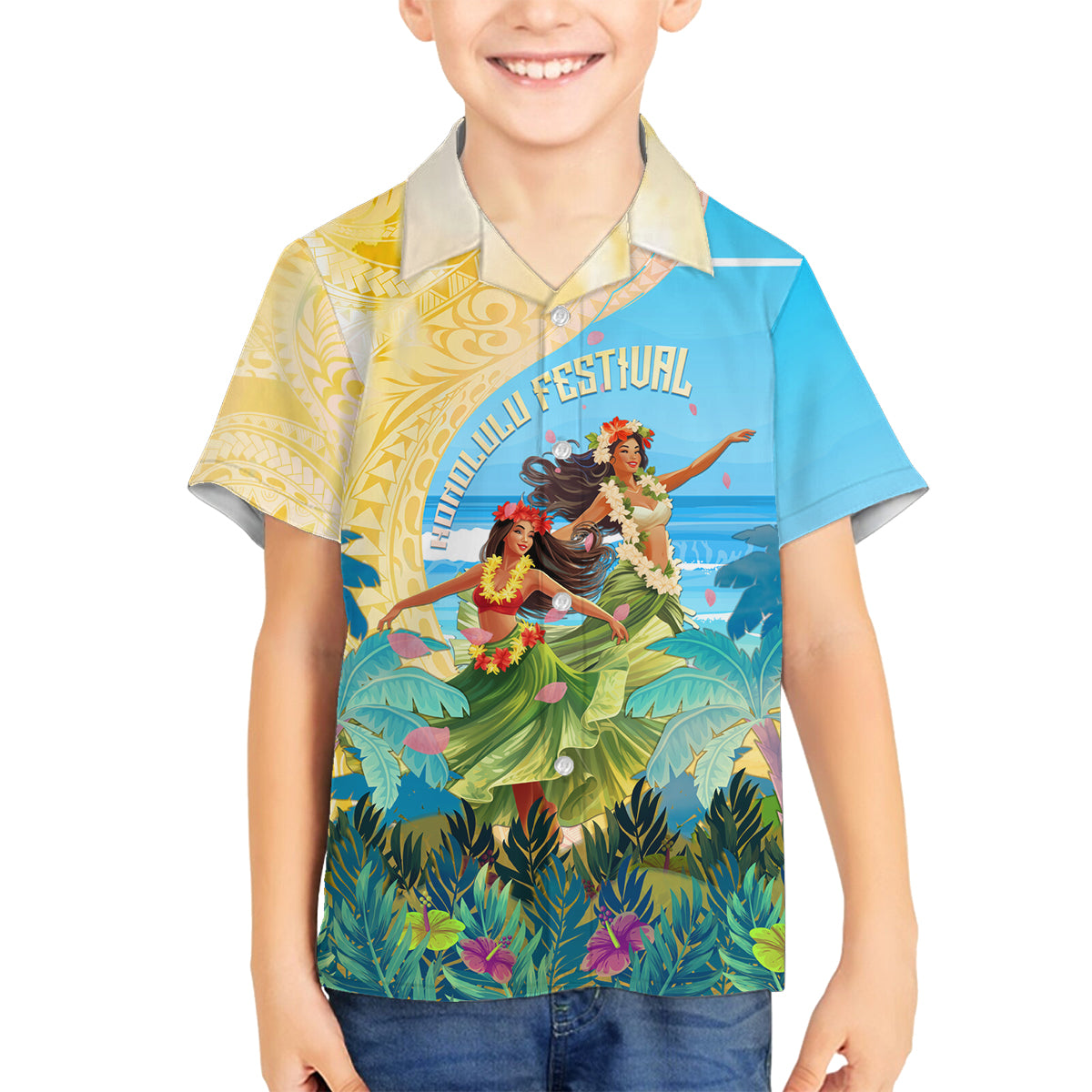 Personalised Hawaii Honolulu Festival Family Matching Off Shoulder Long Sleeve Dress and Hawaiian Shirt Hula Girls Tropical Vibe LT05 Son's Shirt Blue - Polynesian Pride