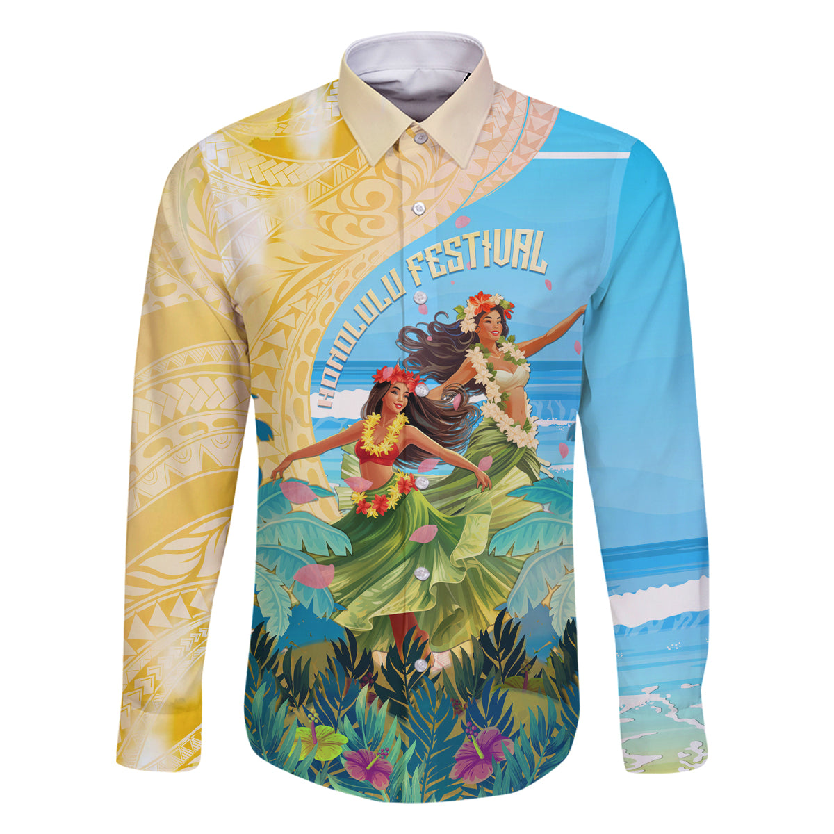 Personalised Hawaii Honolulu Festival Family Matching Off Shoulder Short Dress and Hawaiian Shirt Hula Girls Tropical Vibe LT05 Dad's Shirt - Long Sleeve Blue - Polynesian Pride