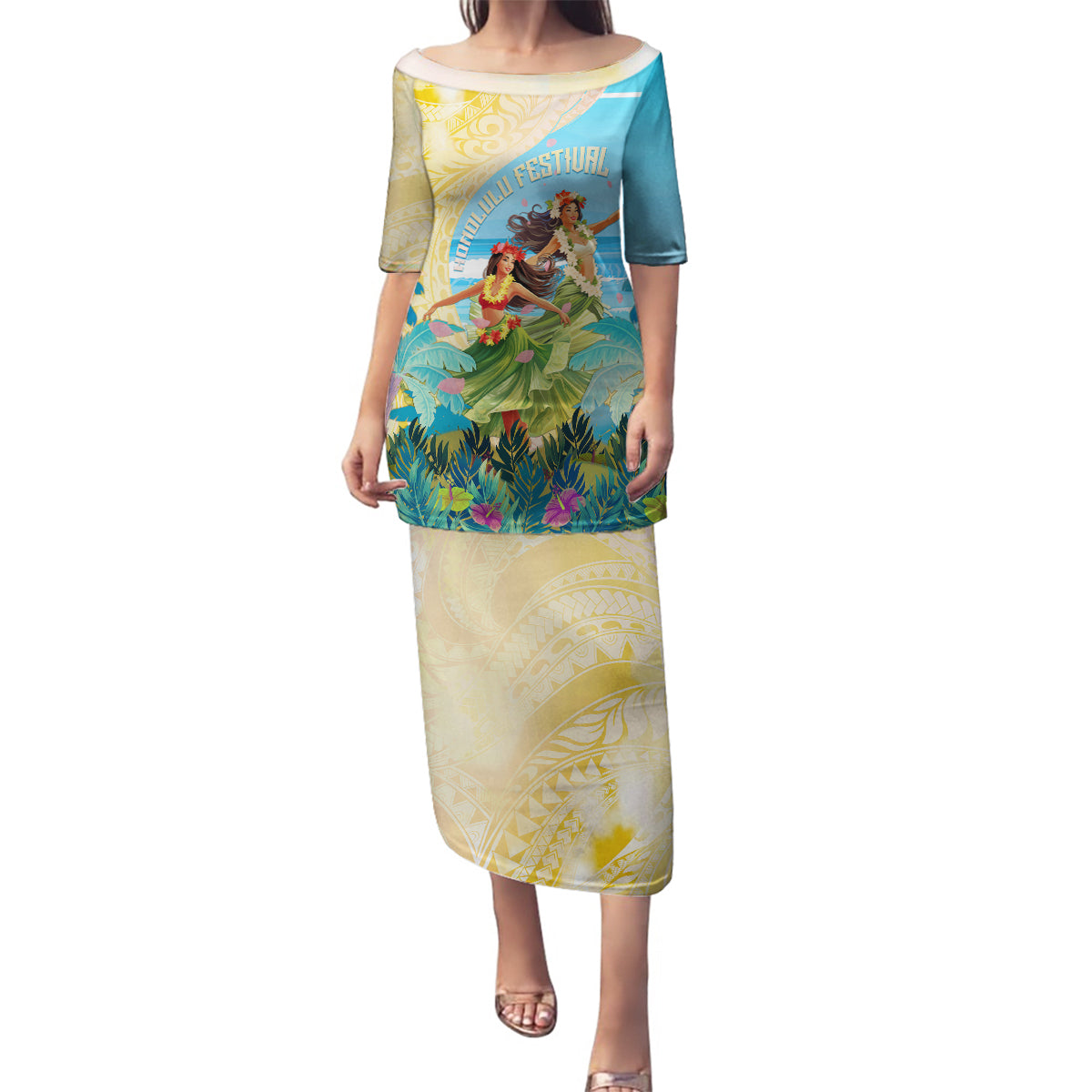 Personalised Hawaii Honolulu Festival Family Matching Puletasi and Hawaiian Shirt Hula Girls Tropical Vibe LT05 Mom's Dress Blue - Polynesian Pride