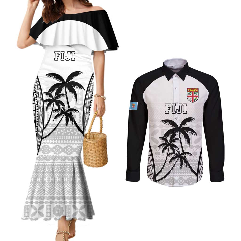 Custom Fiji Tapa Football Couples Matching Mermaid Dress and Long Sleeve Button Shirt Sporty Style LT05 White - Polynesian Pride