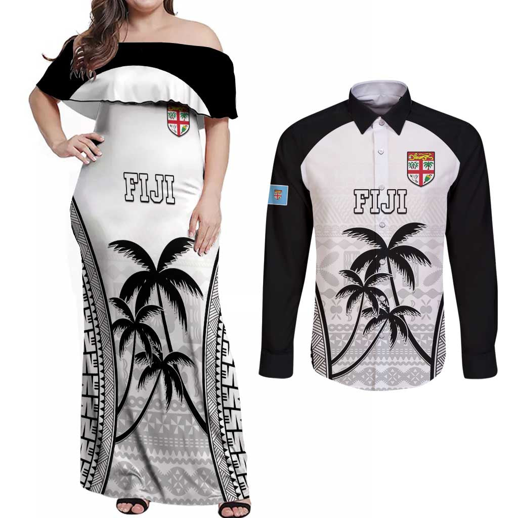 Custom Fiji Tapa Football Couples Matching Off Shoulder Maxi Dress and Long Sleeve Button Shirt Sporty Style LT05 White - Polynesian Pride