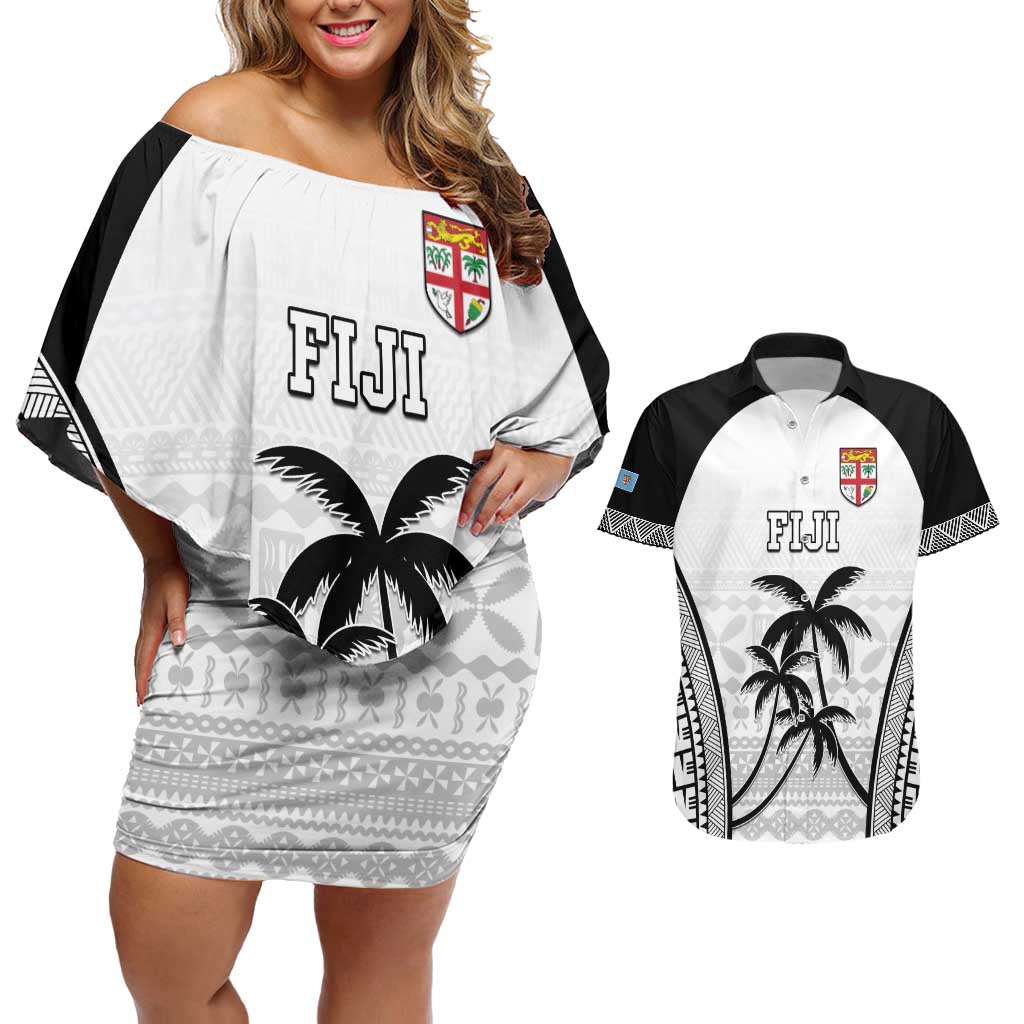 Custom Fiji Tapa Football Couples Matching Off Shoulder Short Dress and Hawaiian Shirt Sporty Style LT05 White - Polynesian Pride