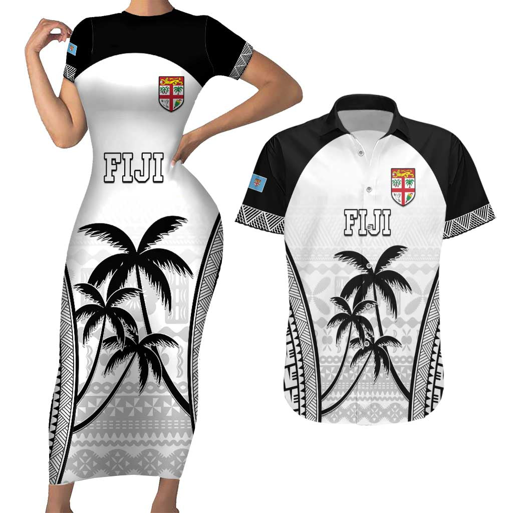 Custom Fiji Tapa Football Couples Matching Short Sleeve Bodycon Dress and Hawaiian Shirt Sporty Style LT05 White - Polynesian Pride