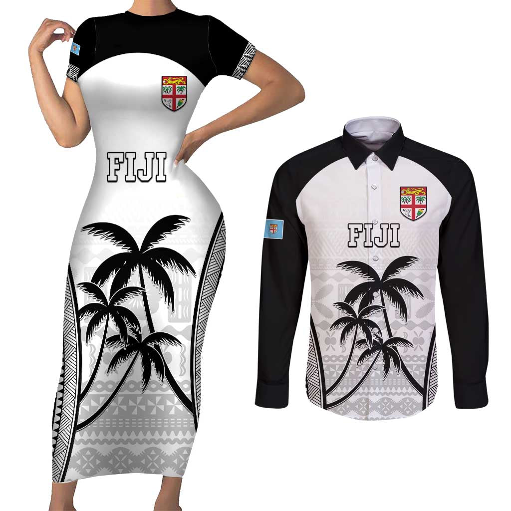 Custom Fiji Tapa Football Couples Matching Short Sleeve Bodycon Dress and Long Sleeve Button Shirt Sporty Style LT05 White - Polynesian Pride