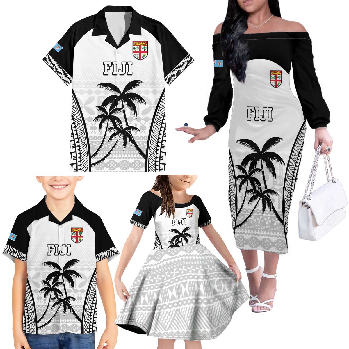 Custom Fiji Tapa Football Family Matching Off The Shoulder Long Sleeve Dress and Hawaiian Shirt Sporty Style LT05 - Polynesian Pride