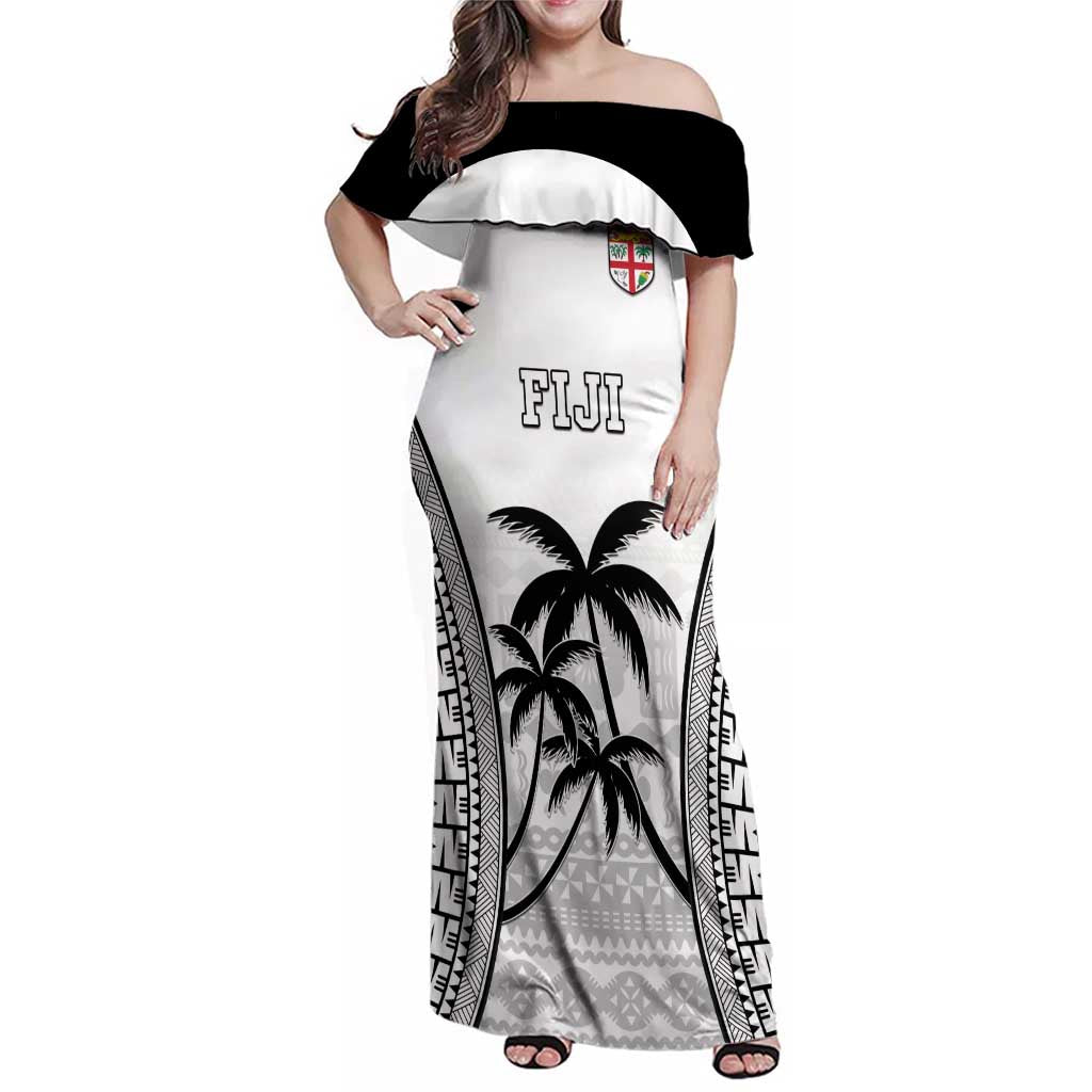 Custom Fiji Tapa Football Family Matching Off Shoulder Maxi Dress and Hawaiian Shirt Sporty Style LT05 Mom's Dress White - Polynesian Pride