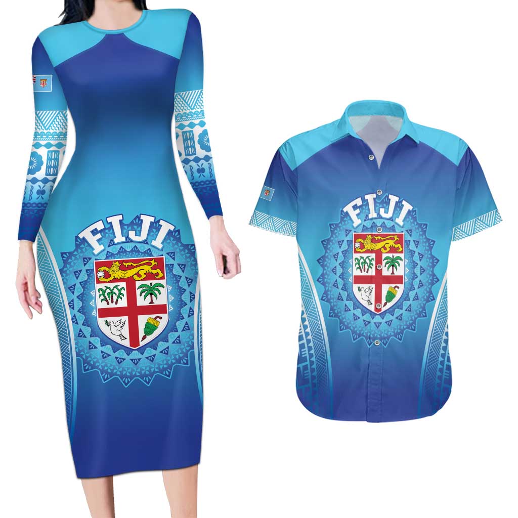 Custom Fiji Football Couples Matching Long Sleeve Bodycon Dress and Hawaiian Shirt Fijian Tapa Pattern LT05 Blue - Polynesian Pride