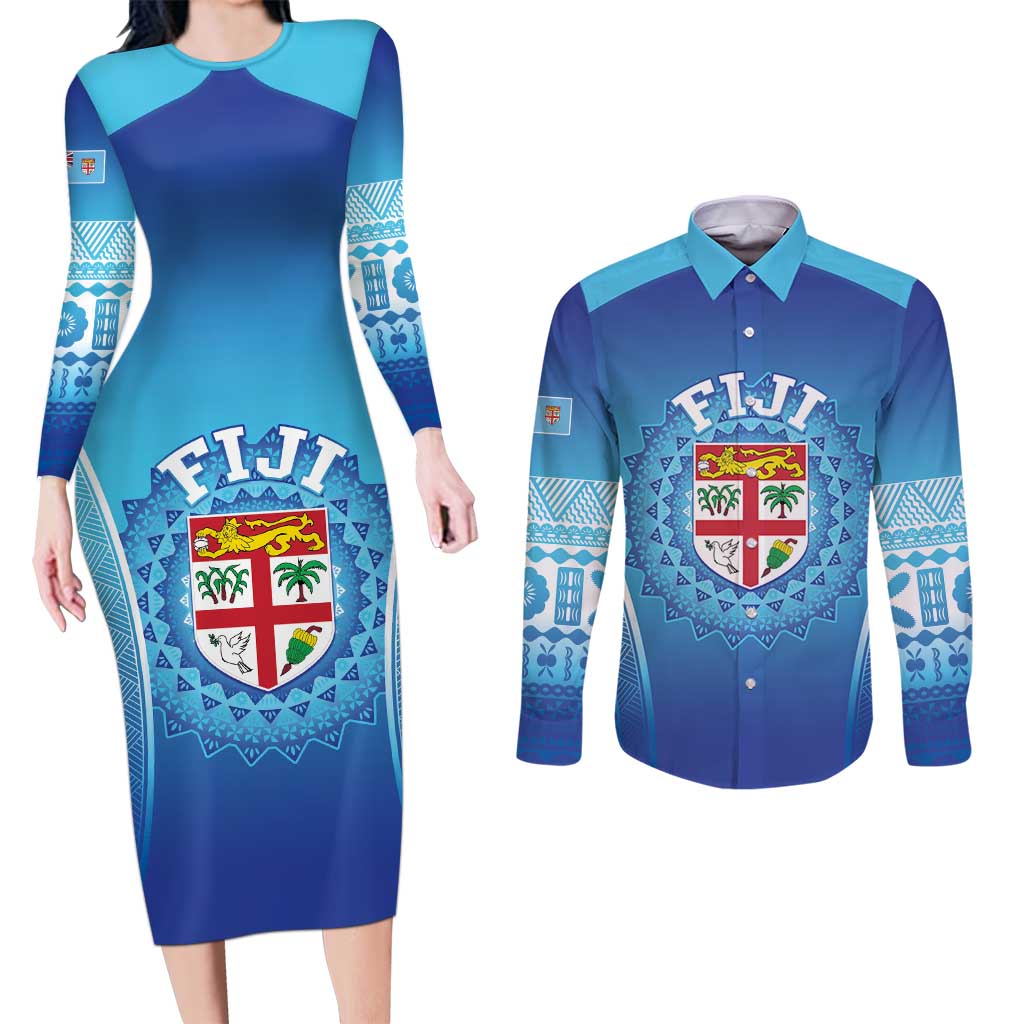Custom Fiji Football Couples Matching Long Sleeve Bodycon Dress and Long Sleeve Button Shirt Fijian Tapa Pattern LT05 Blue - Polynesian Pride