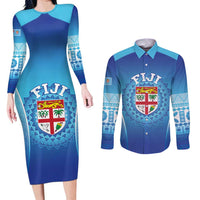 Custom Fiji Football Couples Matching Long Sleeve Bodycon Dress and Long Sleeve Button Shirt Fijian Tapa Pattern LT05 Blue - Polynesian Pride