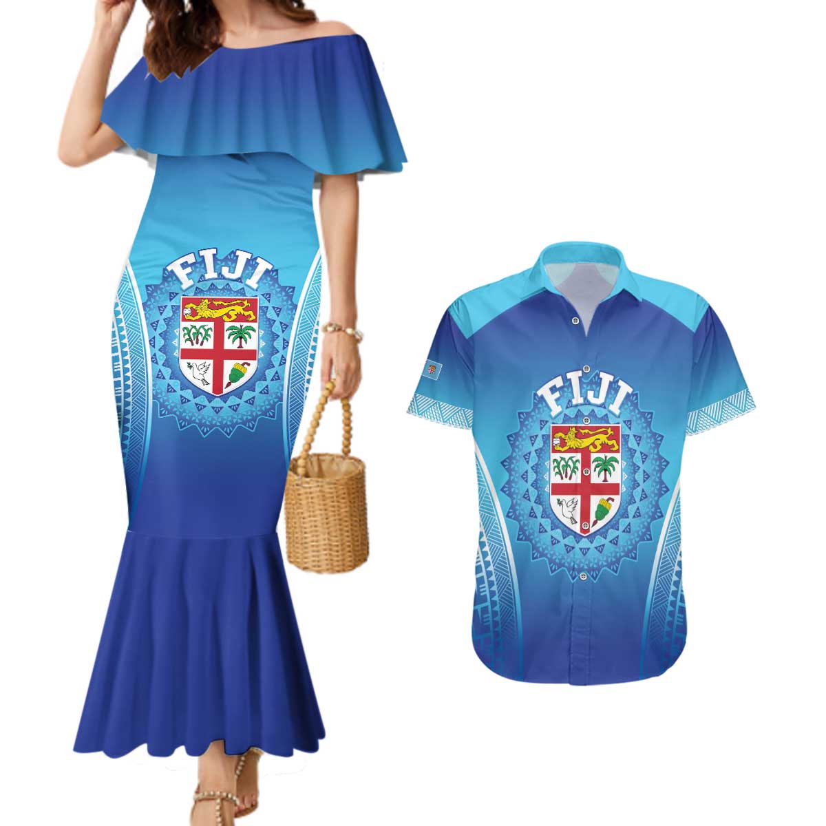 Custom Fiji Football Couples Matching Mermaid Dress and Hawaiian Shirt Fijian Tapa Pattern LT05 Blue - Polynesian Pride