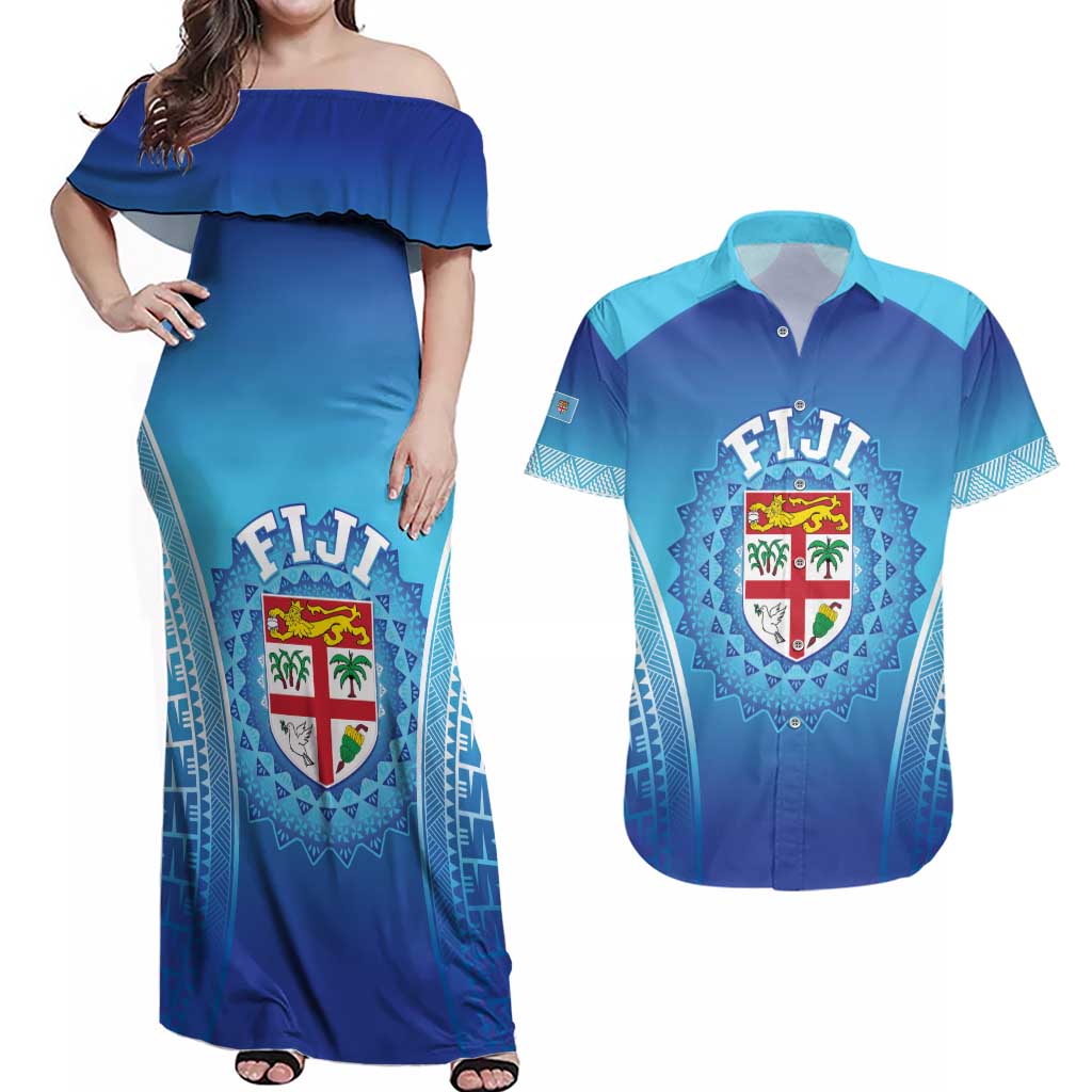 Custom Fiji Football Couples Matching Off Shoulder Maxi Dress and Hawaiian Shirt Fijian Tapa Pattern LT05 Blue - Polynesian Pride
