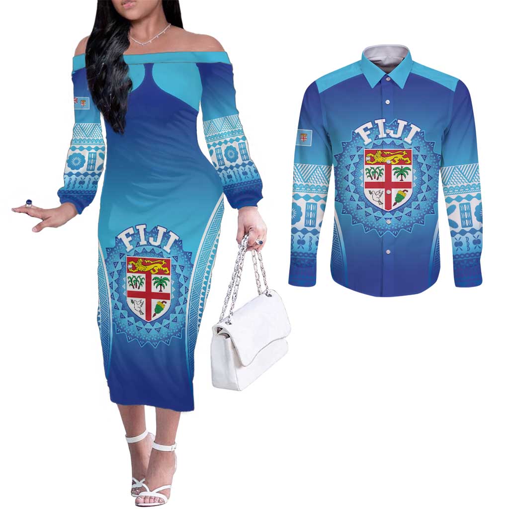 Custom Fiji Football Couples Matching Off The Shoulder Long Sleeve Dress and Long Sleeve Button Shirt Fijian Tapa Pattern LT05 Blue - Polynesian Pride
