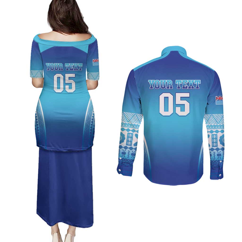 Custom Fiji Football Couples Matching Puletasi and Long Sleeve Button Shirt Fijian Tapa Pattern