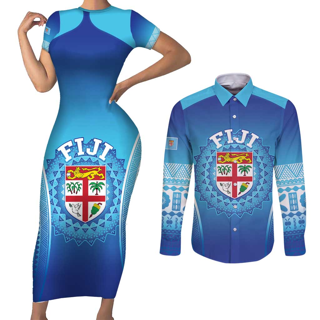 Custom Fiji Football Couples Matching Short Sleeve Bodycon Dress and Long Sleeve Button Shirt Fijian Tapa Pattern LT05 Blue - Polynesian Pride