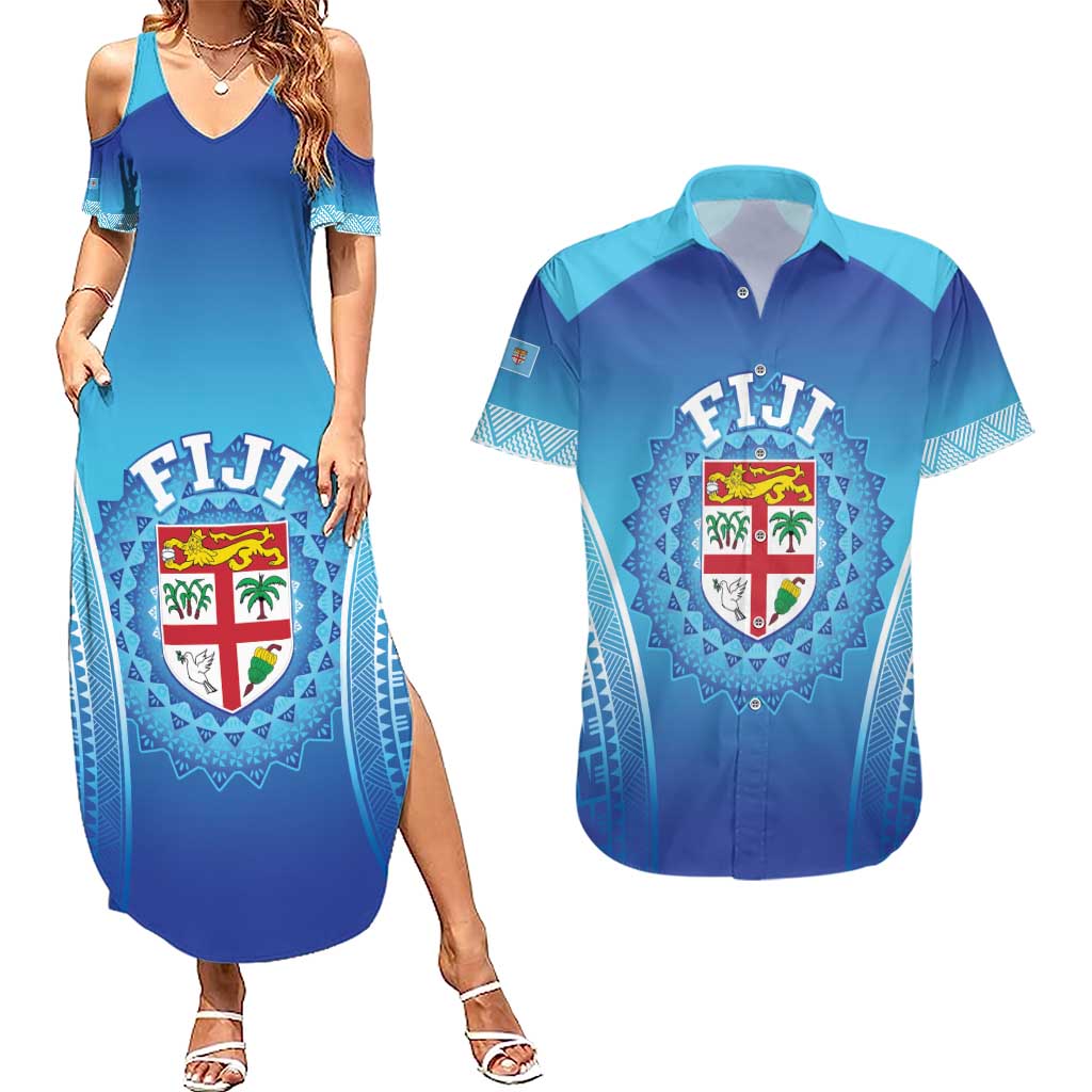 Custom Fiji Football Couples Matching Summer Maxi Dress and Hawaiian Shirt Fijian Tapa Pattern LT05 Blue - Polynesian Pride
