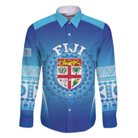 Custom Fiji Football Family Matching Mermaid Dress and Hawaiian Shirt Fijian Tapa Pattern LT05 Dad's Shirt - Long Sleeve Blue - Polynesian Pride