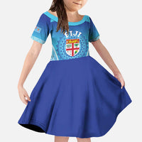Custom Fiji Football Family Matching Off The Shoulder Long Sleeve Dress and Hawaiian Shirt Fijian Tapa Pattern LT05 Daughter's Dress Blue - Polynesian Pride
