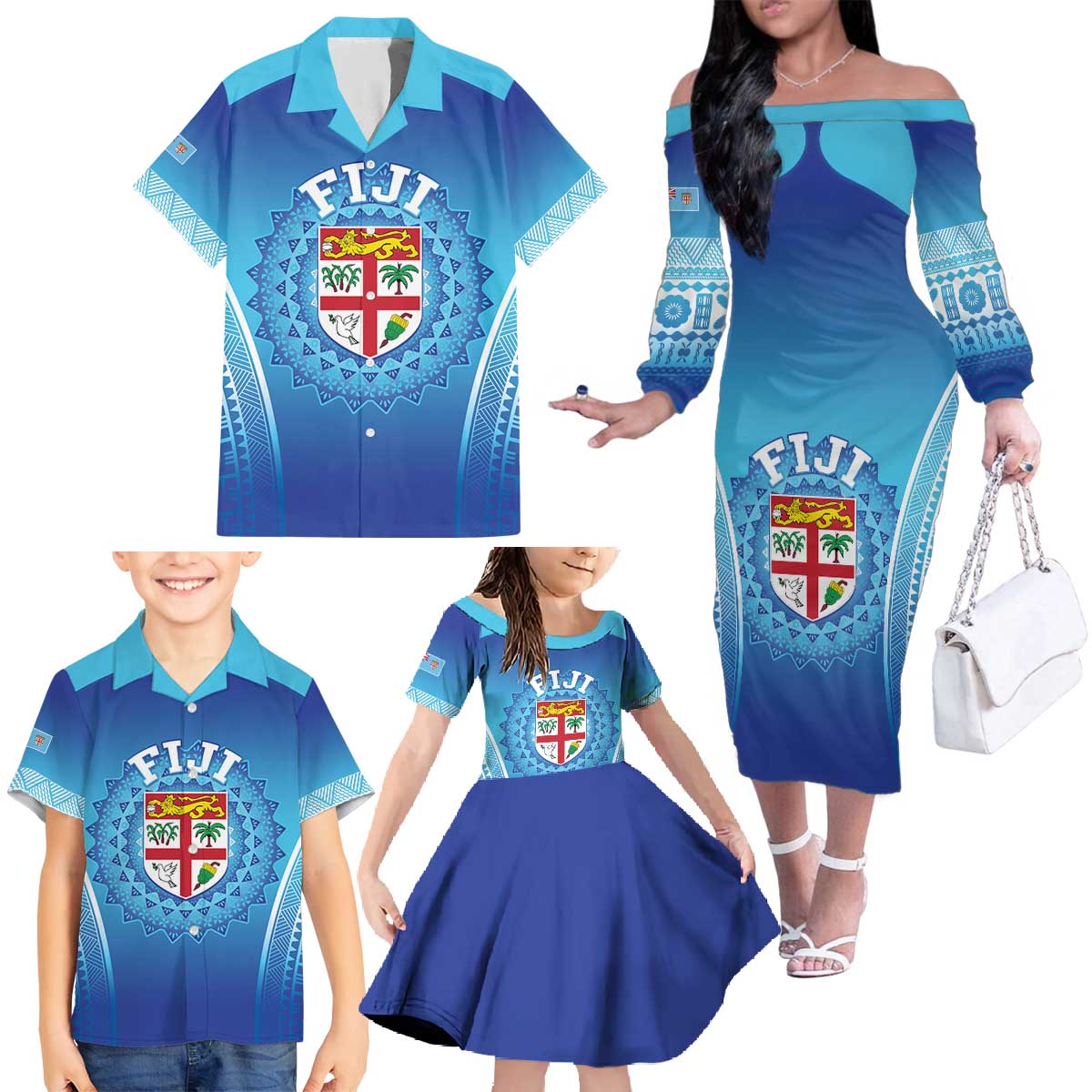 Custom Fiji Football Family Matching Off The Shoulder Long Sleeve Dress and Hawaiian Shirt Fijian Tapa Pattern LT05 - Polynesian Pride