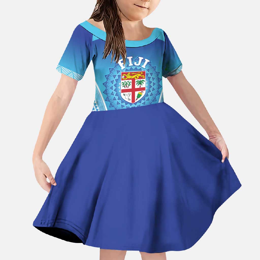 Custom Fiji Football Family Matching Off Shoulder Maxi Dress and Hawaiian Shirt Fijian Tapa Pattern LT05 Daughter's Dress Blue - Polynesian Pride