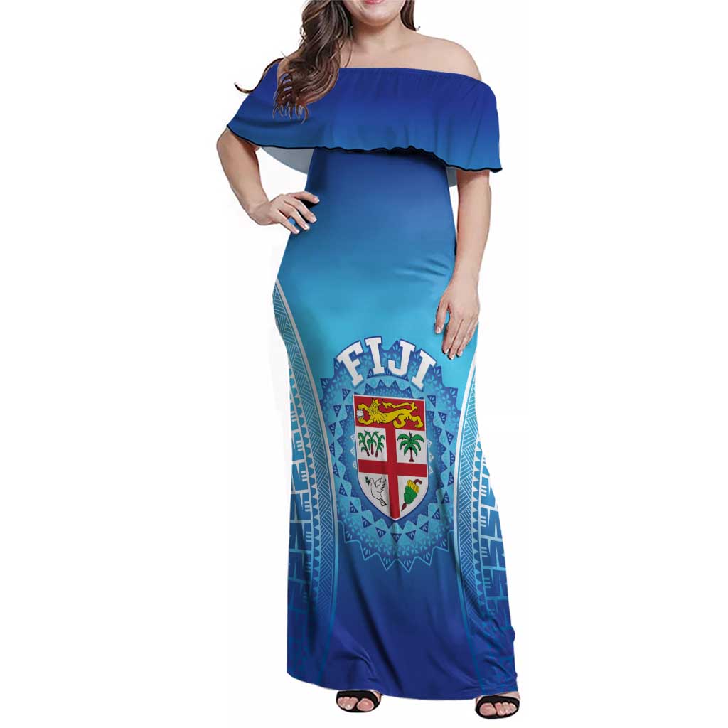 Custom Fiji Football Family Matching Off Shoulder Maxi Dress and Hawaiian Shirt Fijian Tapa Pattern LT05 Mom's Dress Blue - Polynesian Pride