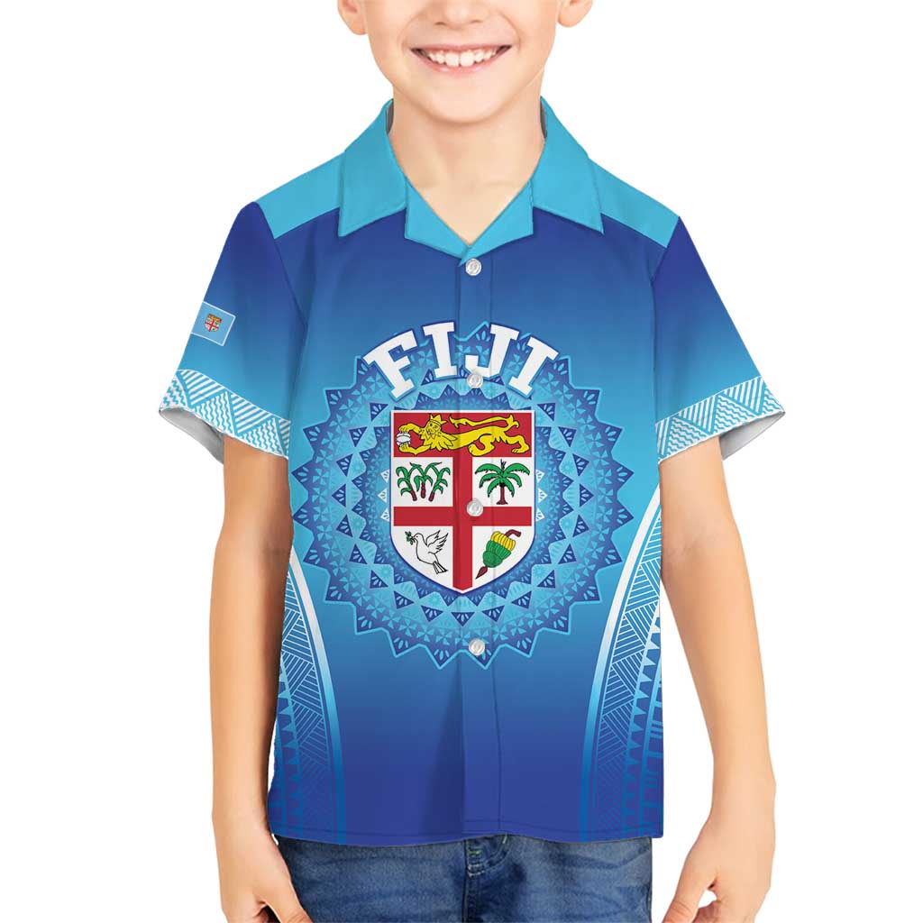 Custom Fiji Football Family Matching Off Shoulder Maxi Dress and Hawaiian Shirt Fijian Tapa Pattern LT05 Son's Shirt Blue - Polynesian Pride