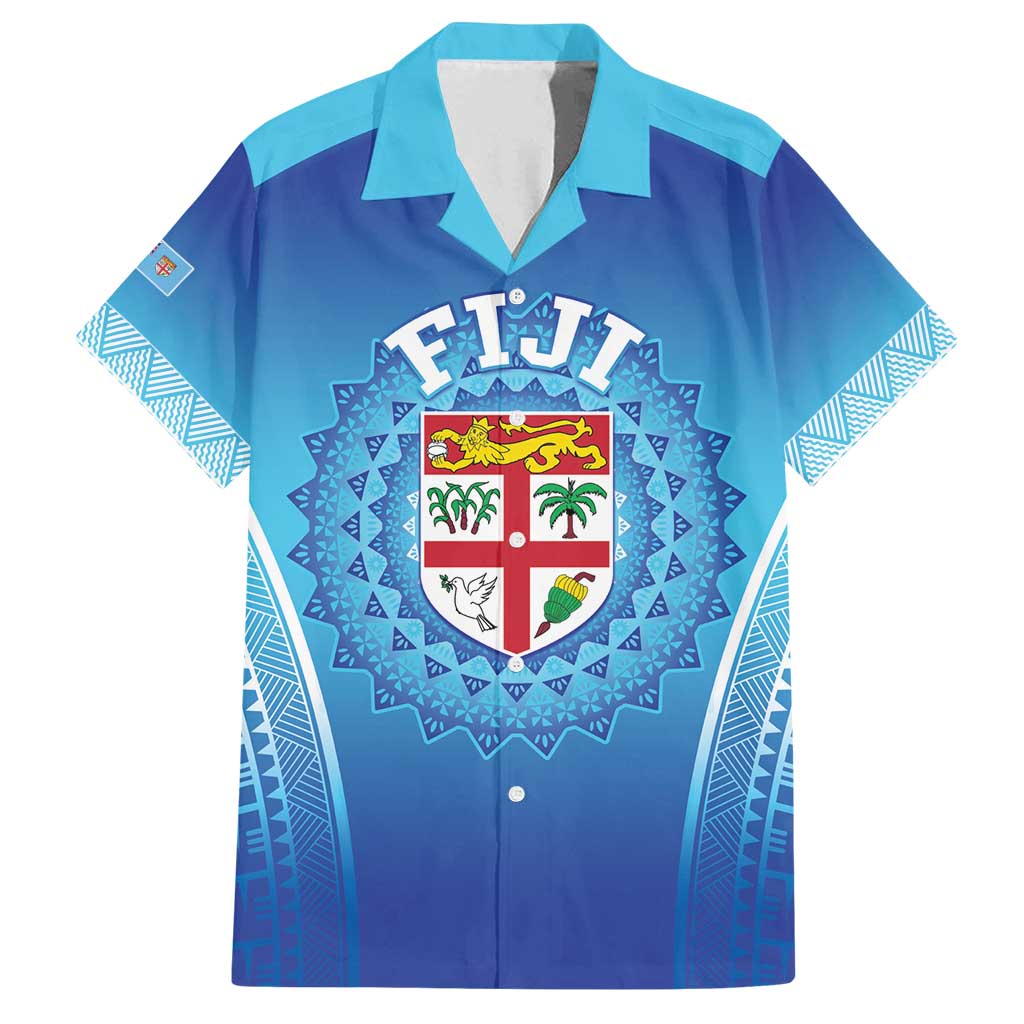 Custom Fiji Football Family Matching Puletasi and Hawaiian Shirt Fijian Tapa Pattern LT05 Dad's Shirt - Short Sleeve Blue - Polynesian Pride
