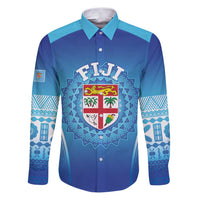 Custom Fiji Football Family Matching Puletasi and Hawaiian Shirt Fijian Tapa Pattern LT05 Dad's Shirt - Long Sleeve Blue - Polynesian Pride