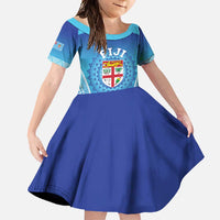 Custom Fiji Football Family Matching Short Sleeve Bodycon Dress and Hawaiian Shirt Fijian Tapa Pattern LT05 Daughter's Dress Blue - Polynesian Pride