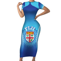 Custom Fiji Football Family Matching Short Sleeve Bodycon Dress and Hawaiian Shirt Fijian Tapa Pattern LT05 Mom's Dress Blue - Polynesian Pride