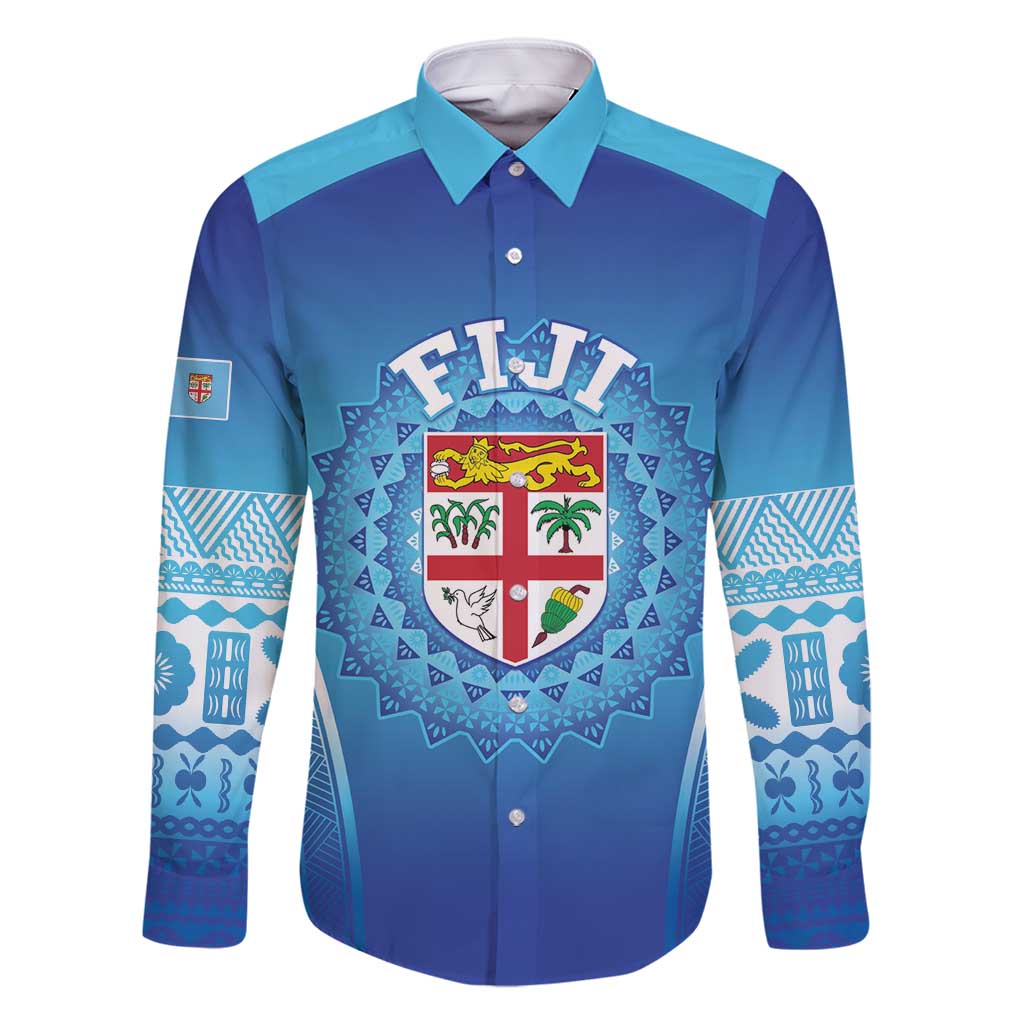 Custom Fiji Football Family Matching Summer Maxi Dress and Hawaiian Shirt Fijian Tapa Pattern LT05 Dad's Shirt - Long Sleeve Blue - Polynesian Pride