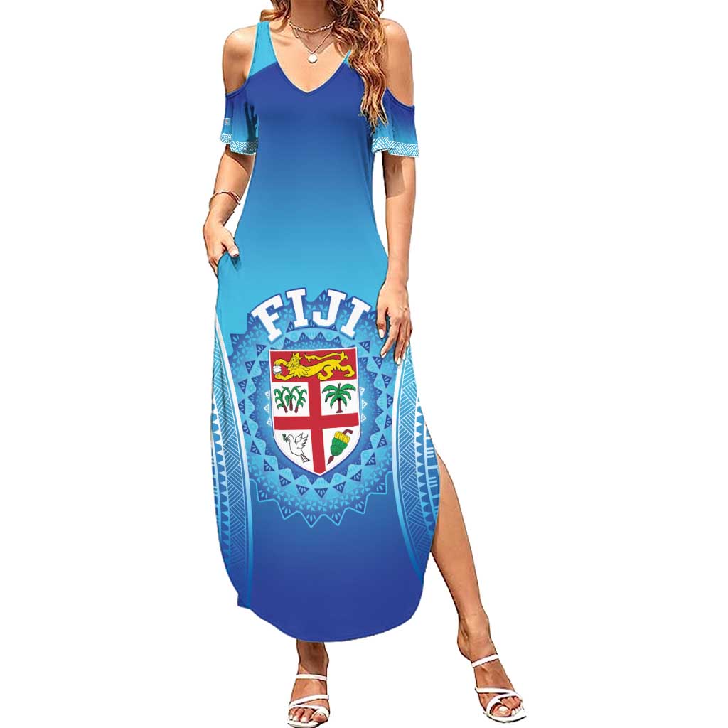 Custom Fiji Football Family Matching Summer Maxi Dress and Hawaiian Shirt Fijian Tapa Pattern LT05 Mom's Dress Blue - Polynesian Pride