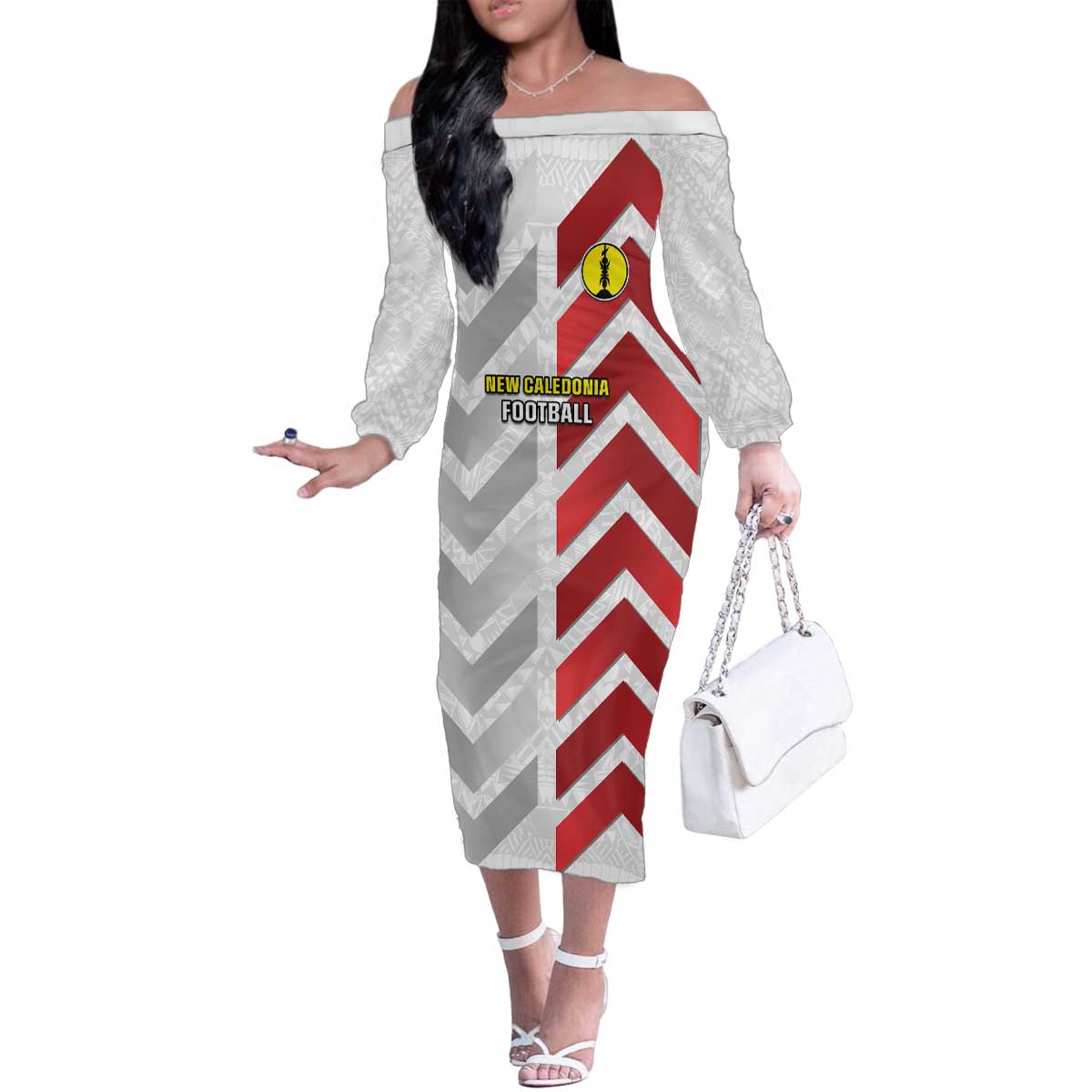 Custom New Caledonia Football Family Matching Off The Shoulder Long Sleeve Dress and Hawaiian Shirt Unique Style LT05 Mom's Dress Red - Polynesian Pride