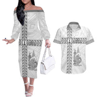 Custom New Caledonia Football Couples Matching Off The Shoulder Long Sleeve Dress and Hawaiian Shirt Go The Kagus LT05 White - Polynesian Pride