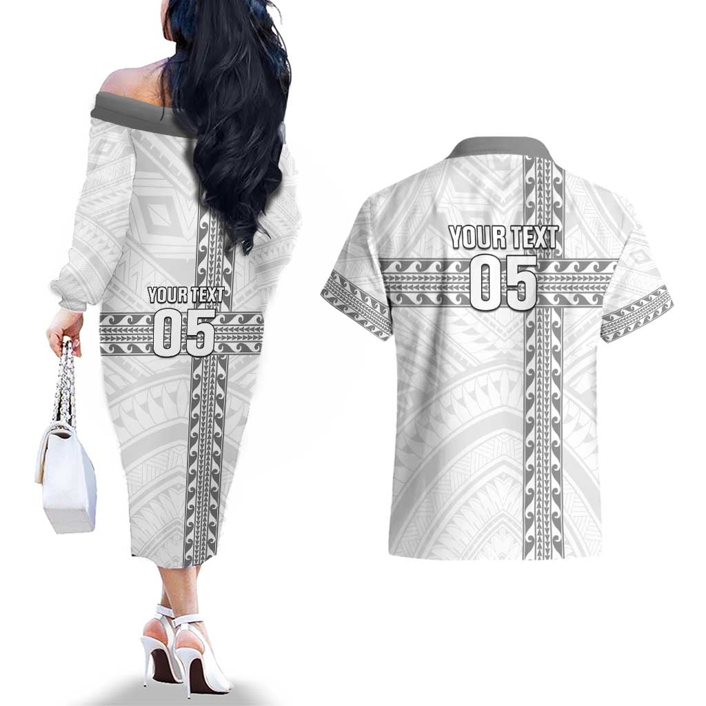 Custom New Caledonia Football Couples Matching Off The Shoulder Long Sleeve Dress and Hawaiian Shirt Go The Kagus LT05 - Polynesian Pride