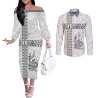 Custom New Caledonia Football Couples Matching Off The Shoulder Long Sleeve Dress and Long Sleeve Button Shirt Go The Kagus LT05 White - Polynesian Pride