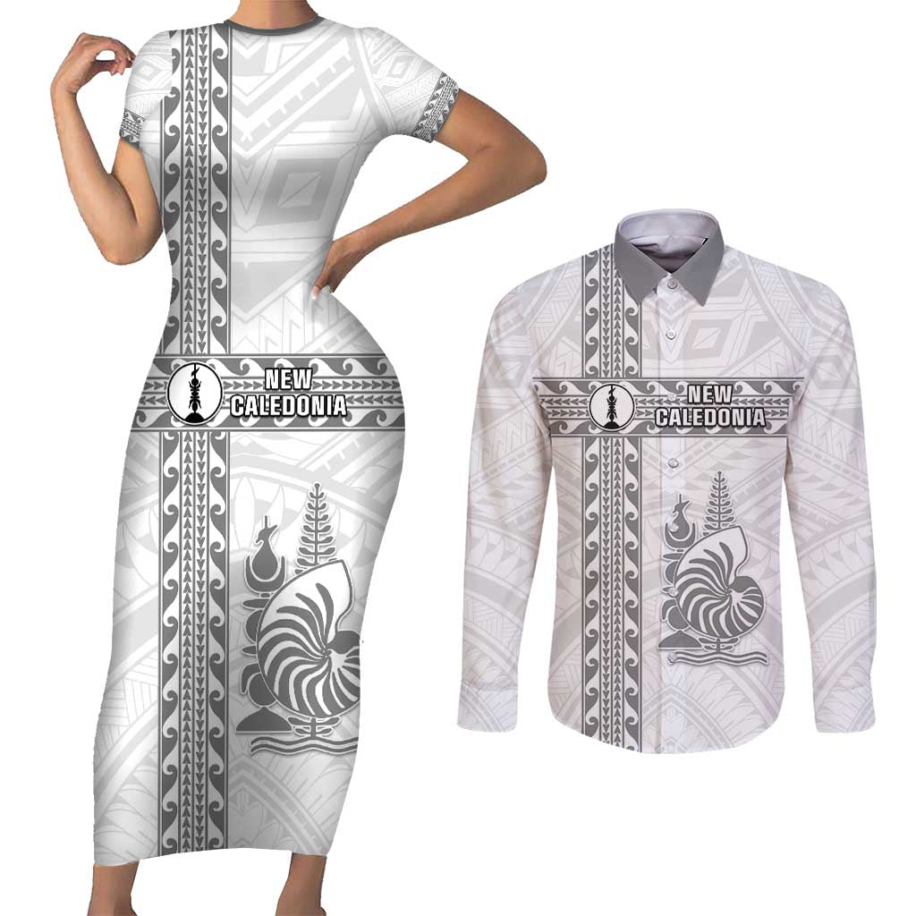 Custom New Caledonia Football Couples Matching Short Sleeve Bodycon Dress and Long Sleeve Button Shirt Go The Kagus LT05 White - Polynesian Pride