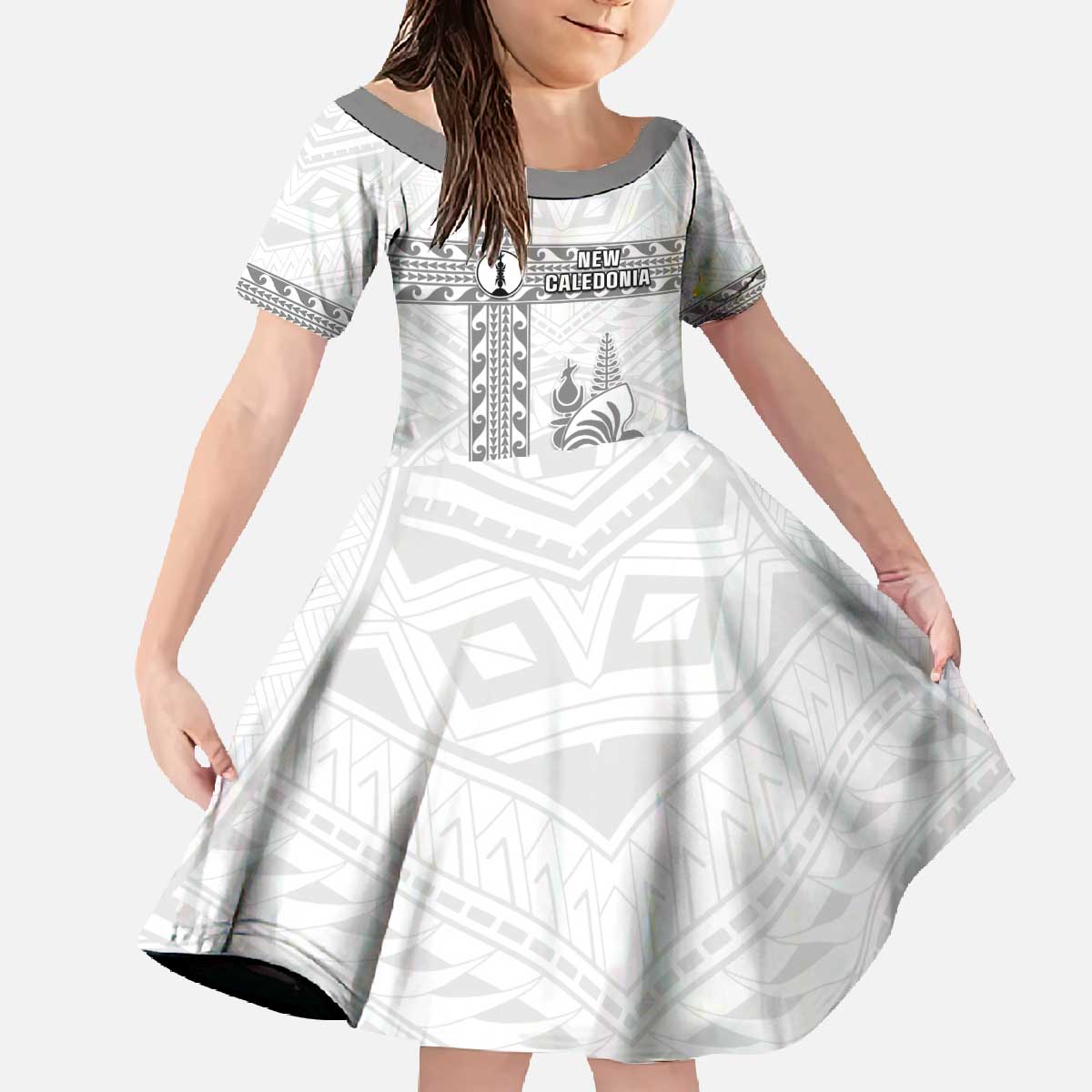 Custom New Caledonia Football Family Matching Off The Shoulder Long Sleeve Dress and Hawaiian Shirt Go The Kagus LT05 Daughter's Dress White - Polynesian Pride
