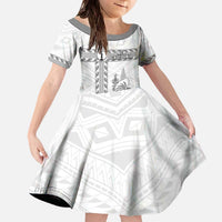 Custom New Caledonia Football Family Matching Off The Shoulder Long Sleeve Dress and Hawaiian Shirt Go The Kagus LT05 Daughter's Dress White - Polynesian Pride