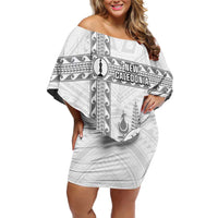 Custom New Caledonia Football Family Matching Off Shoulder Short Dress and Hawaiian Shirt Go The Kagus LT05 Mom's Dress White - Polynesian Pride