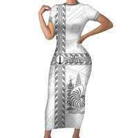 Custom New Caledonia Football Family Matching Short Sleeve Bodycon Dress and Hawaiian Shirt Go The Kagus LT05 Mom's Dress White - Polynesian Pride