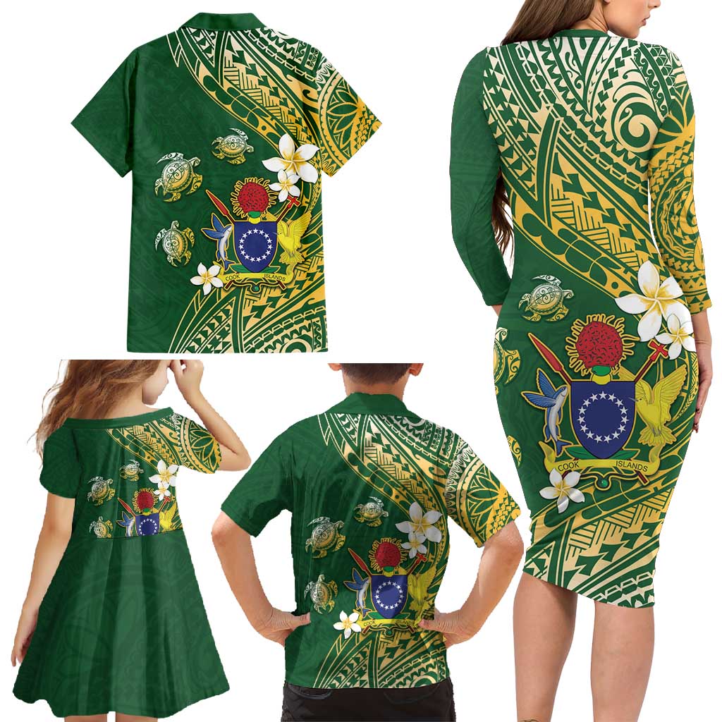 Cook Islands 15 Finest Family Matching Long Sleeve Bodycon Dress and Hawaiian Shirt Plumeria Polynesian Turtle LT05 - Polynesian Pride