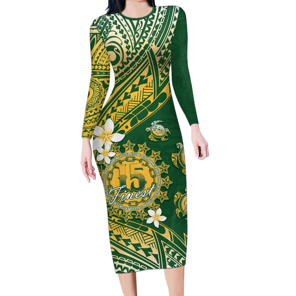 Cook Islands 15 Finest Family Matching Long Sleeve Bodycon Dress and Hawaiian Shirt Plumeria Polynesian Turtle LT05 Mom's Dress Green - Polynesian Pride