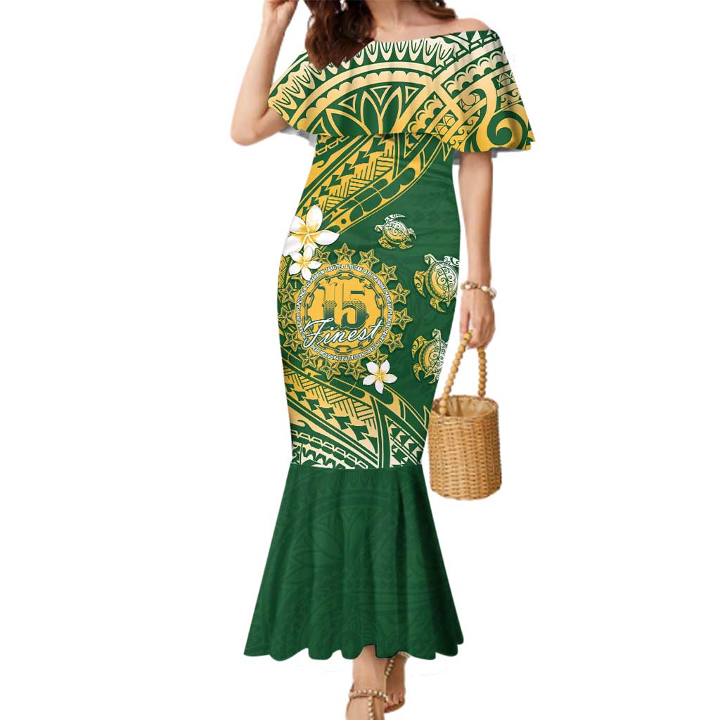 Cook Islands 15 Finest Family Matching Mermaid Dress and Hawaiian Shirt Plumeria Polynesian Turtle LT05 Mom's Dress Green - Polynesian Pride
