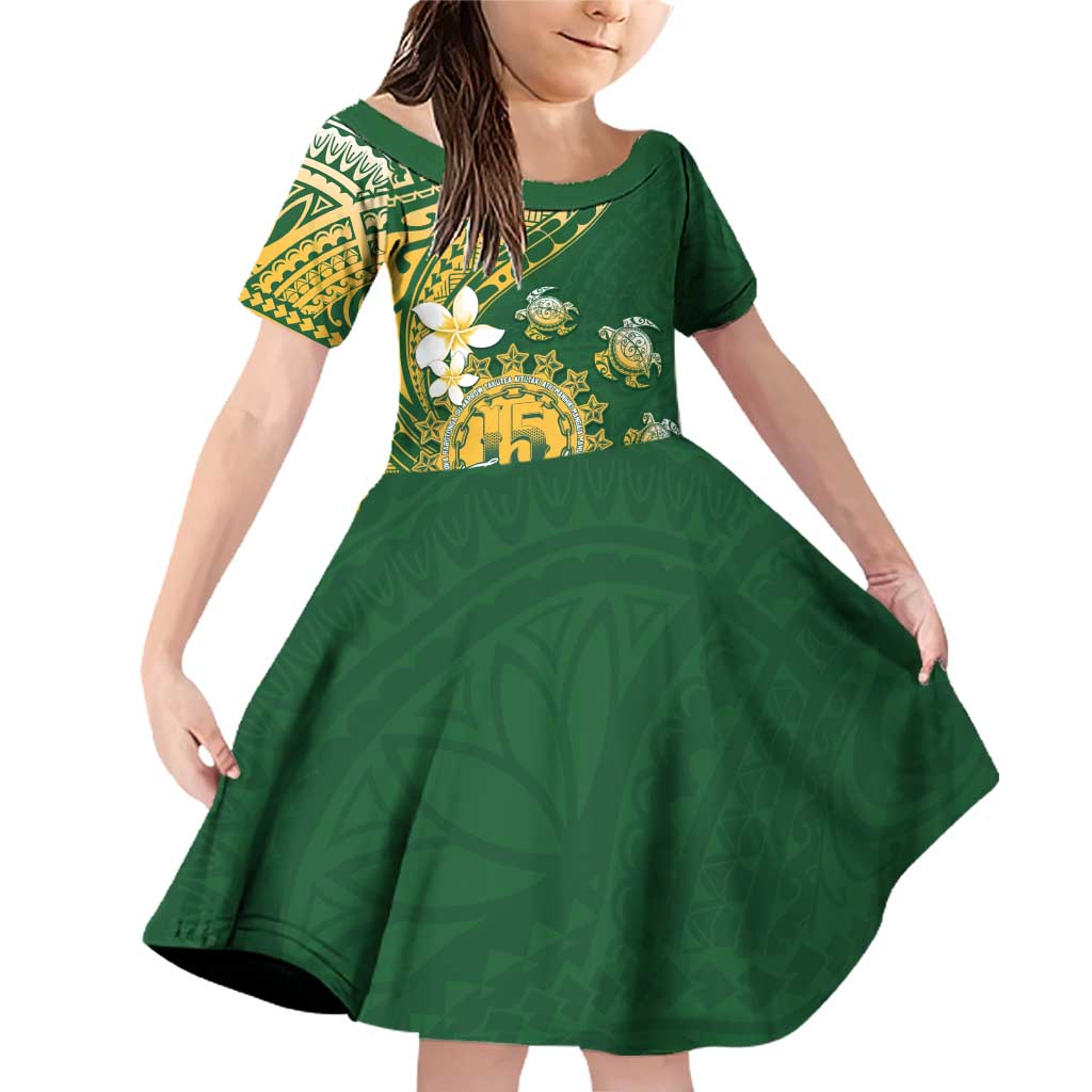 Cook Islands 15 Finest Family Matching Off Shoulder Short Dress and Hawaiian Shirt Plumeria Polynesian Turtle LT05 Daughter's Dress Green - Polynesian Pride